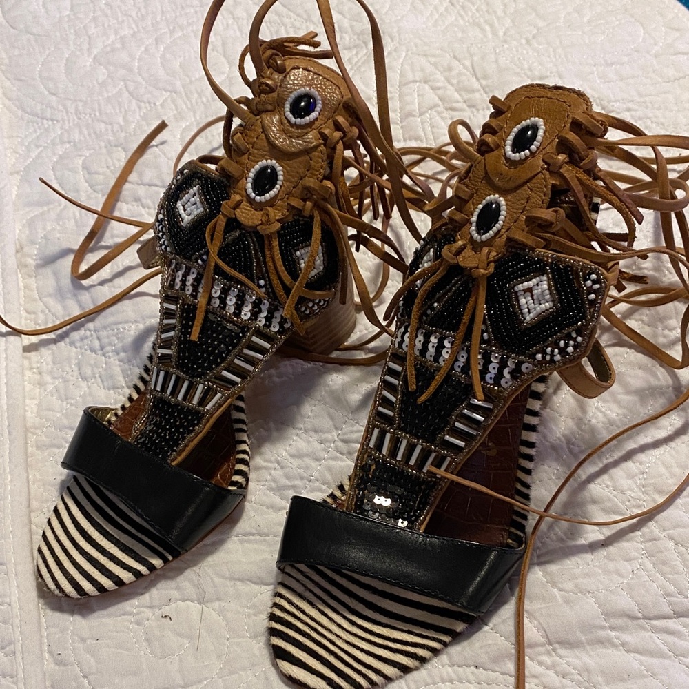 Sam Edelman Black and Tan Beaded Heels